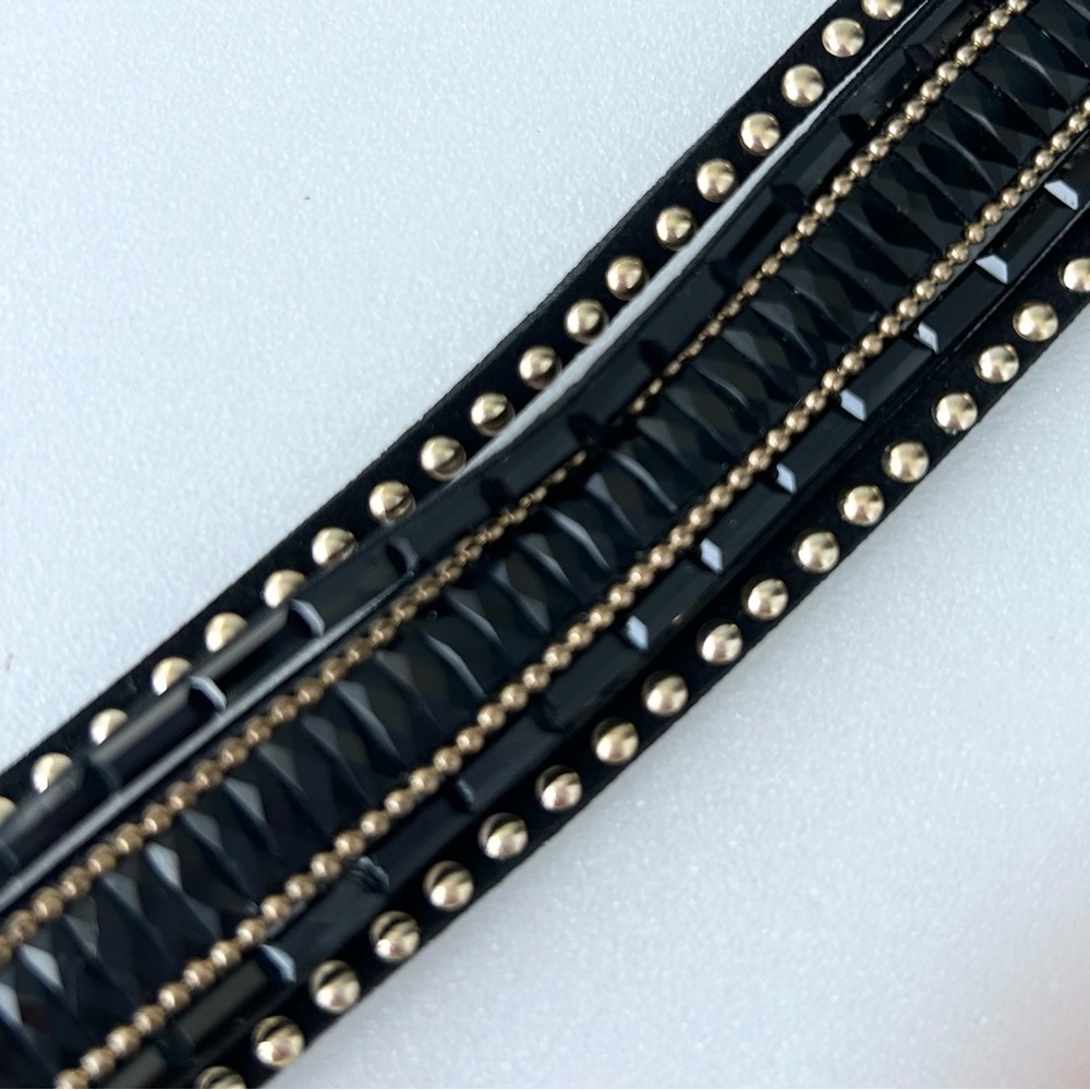 Vintage Felt Leather Bracelet Sliced 7” to 8” Black Acrylic and Gold Rivets 1”